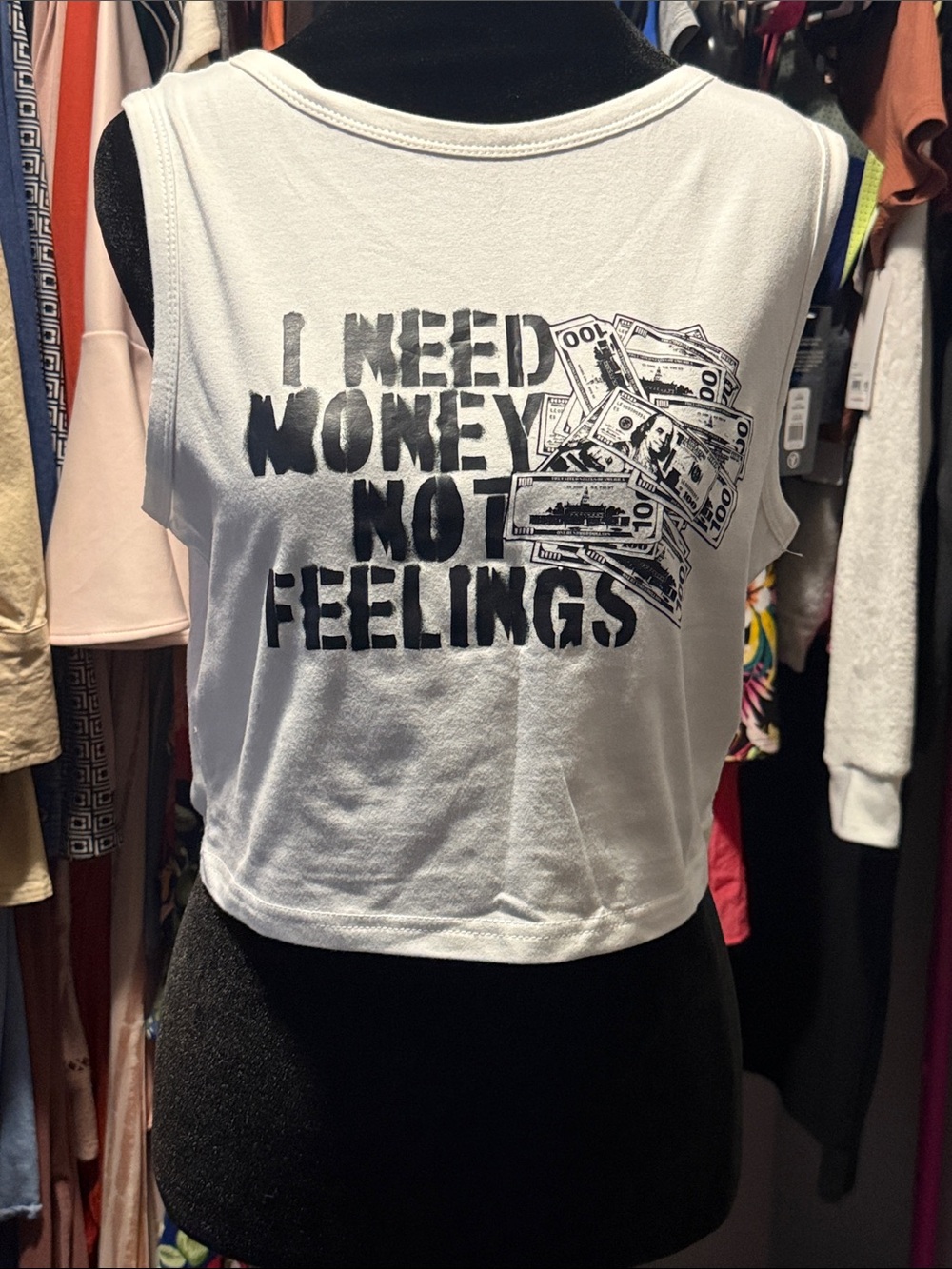 SHEIN White Graphic 'I Need Money Not Feelings' Crop Tank